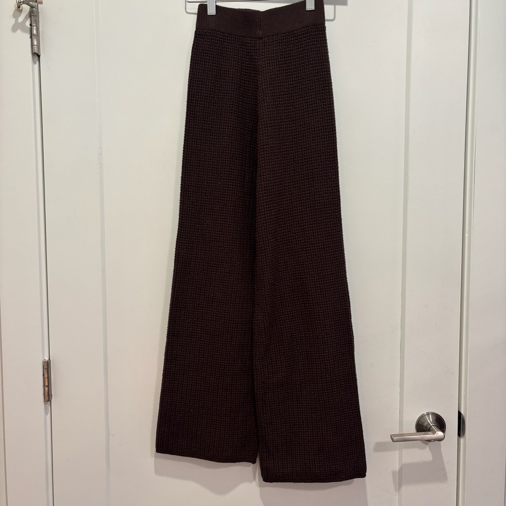 Happily Grey Waffle Knit Wide Leg Pants Brown High Waisted Lounge Trousers XS